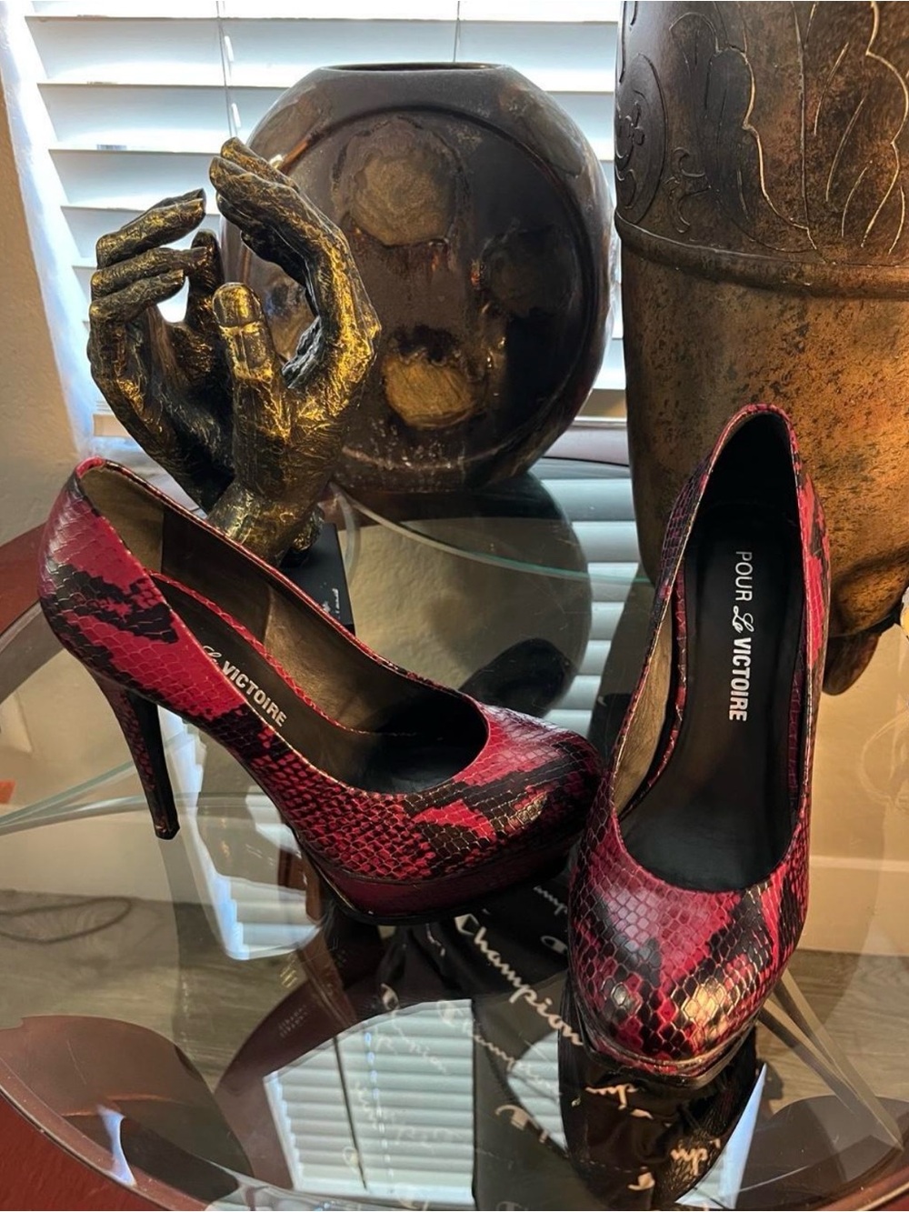Pour La Victoire Pink and Black Snake-Print Platform Pumps